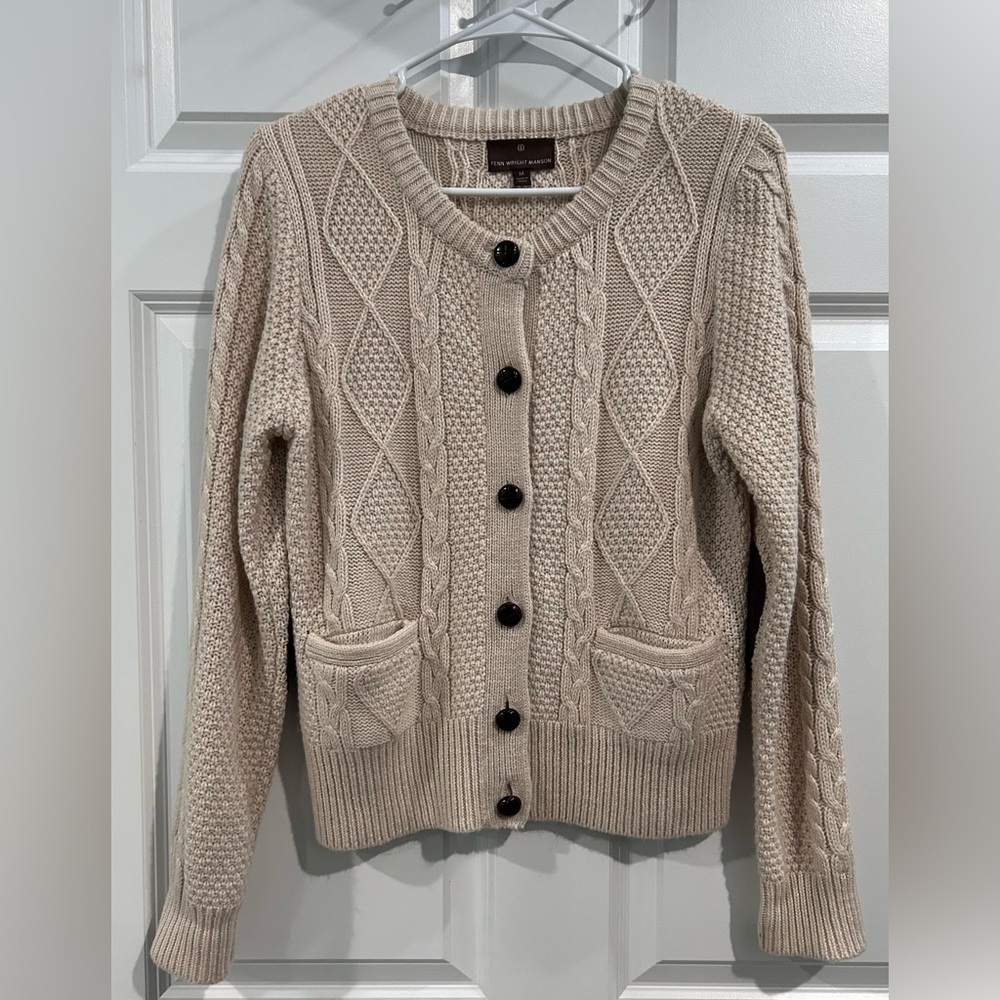 Fenn Wright Manson‎ Cable Knit Wool Infused Cardigan Sweater Sz M Fisherman